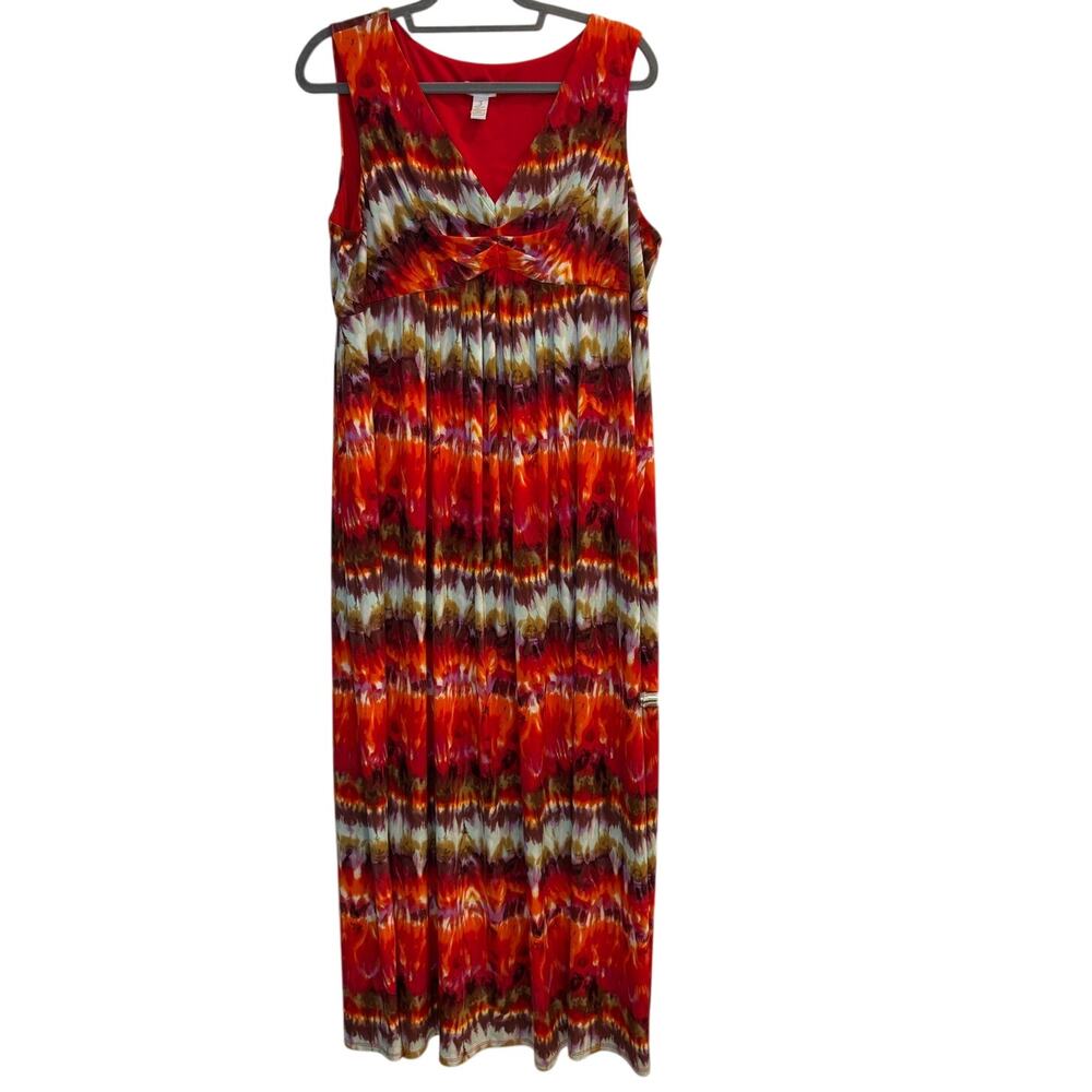 Chico's Tropical Trina Tie Dye Maxi Dress Sleeveless Red Orange Boho Size 3 / XL